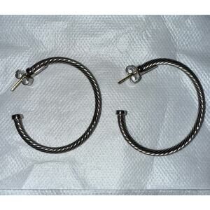 Sculpted Cable Rope Hoop Silver Earrings 1.5"